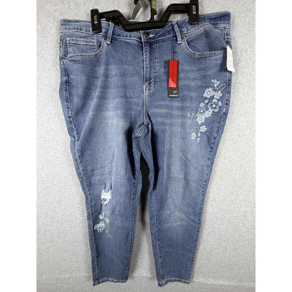Earl Jean Jeans Womens 20W‎ Blue Skinny Ankle Embroidered Distressed Stretch